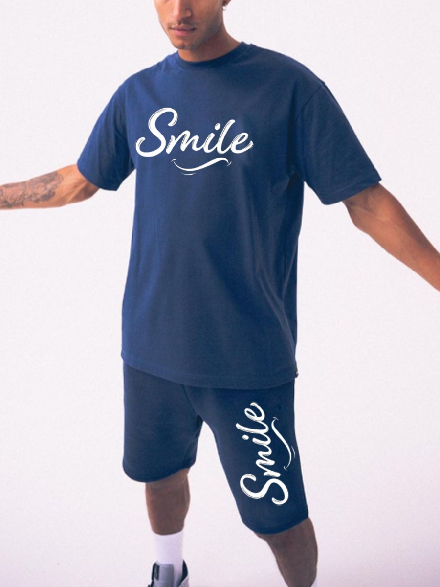 

Lovely Men Casual O Neck Letter Print Navy Blue Two Piece Pants Set