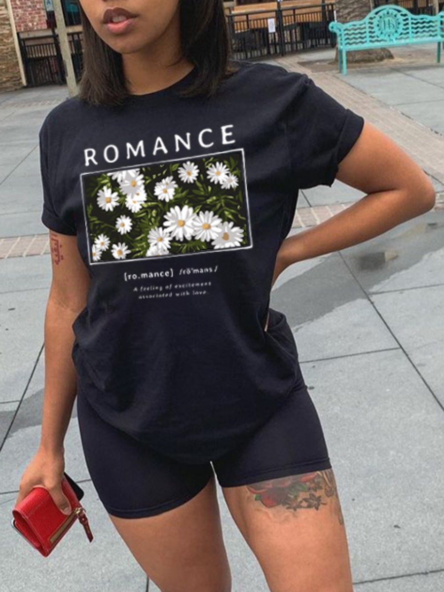 

Lovely Casual Floral Letter Print Black T-shirt
