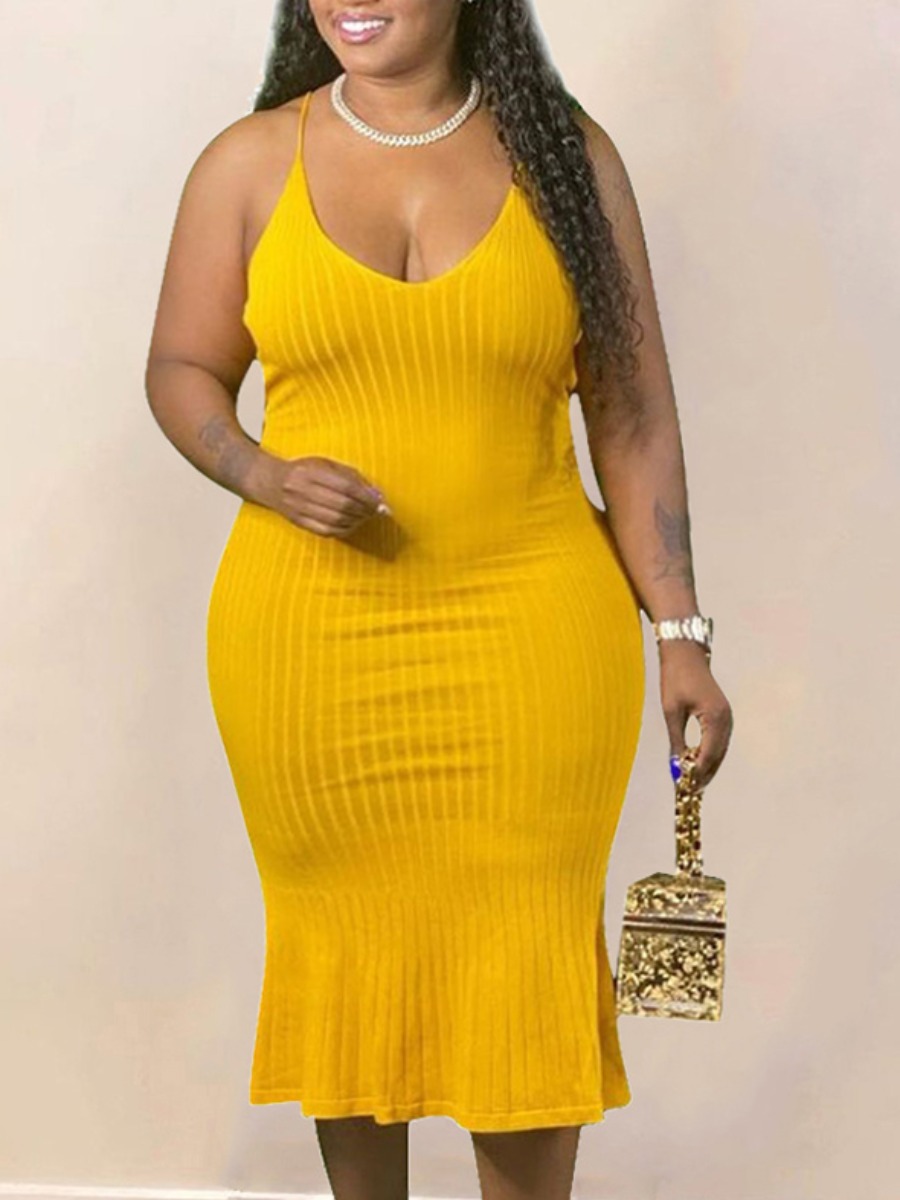 

Lovely Plus Size Casual Rib-Knit Flounce Design Yellow Mid Calf Dress