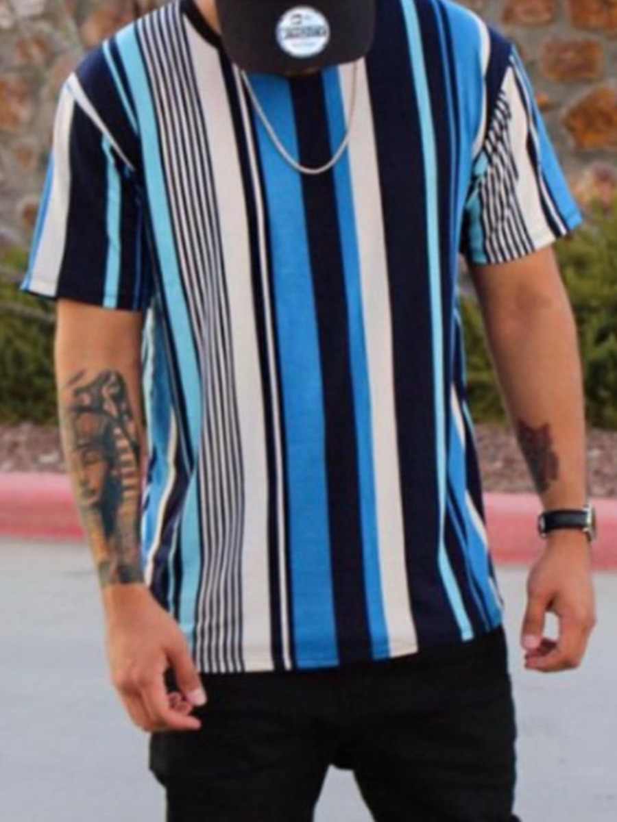 

LW Men Street O Neck Striped Patchwork T-shirt, Stripe