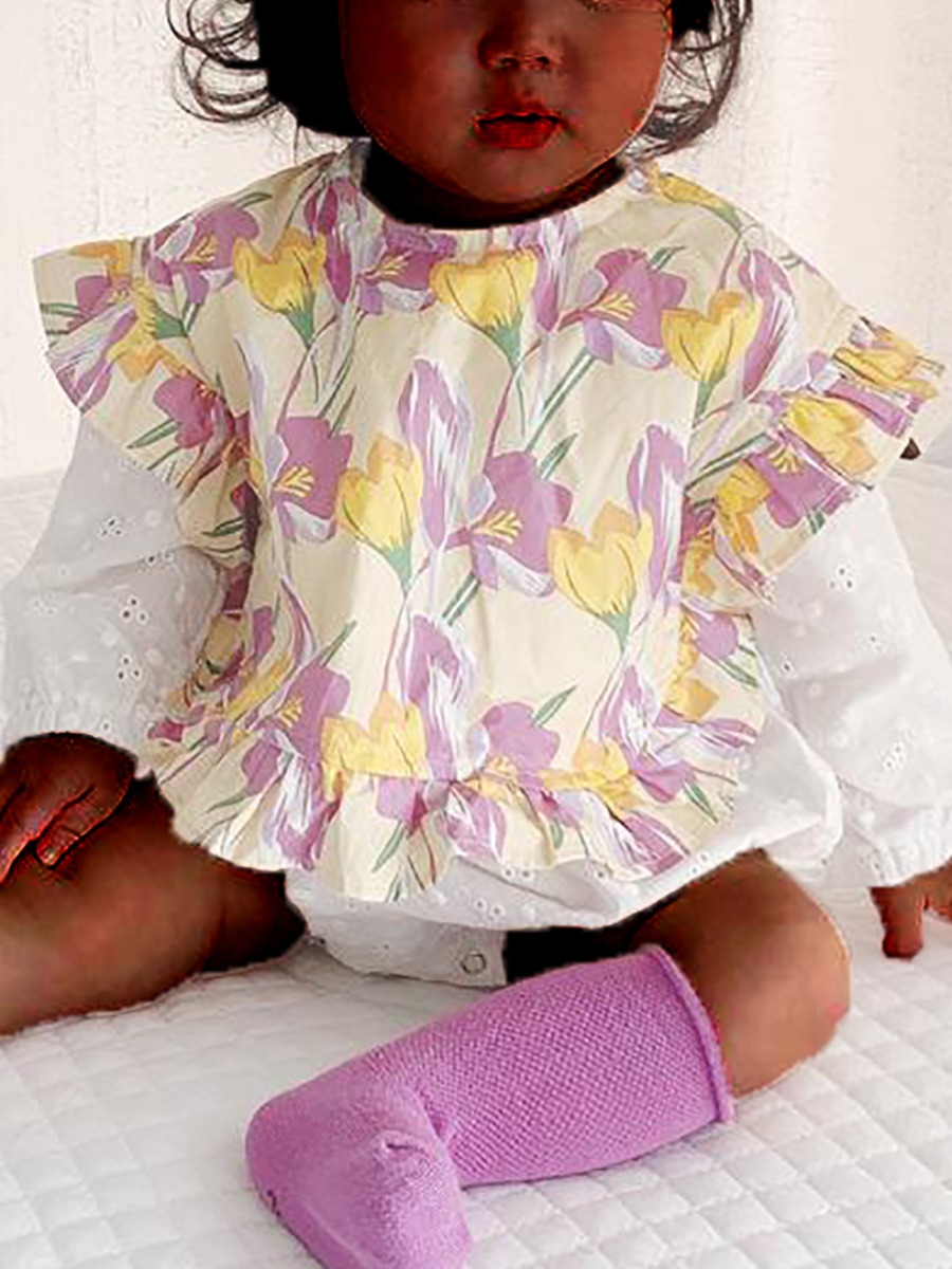 

Lovely Girl Sweet Floral Print Ruffle Design Hollow-out White Bodysuit