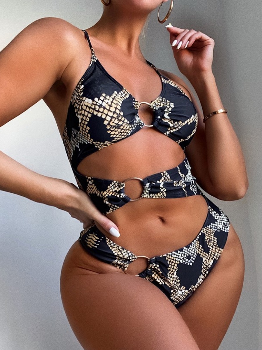 

Lovely Boho Metal Ring Decoration Hollow-out Black One-piece Swimsuit