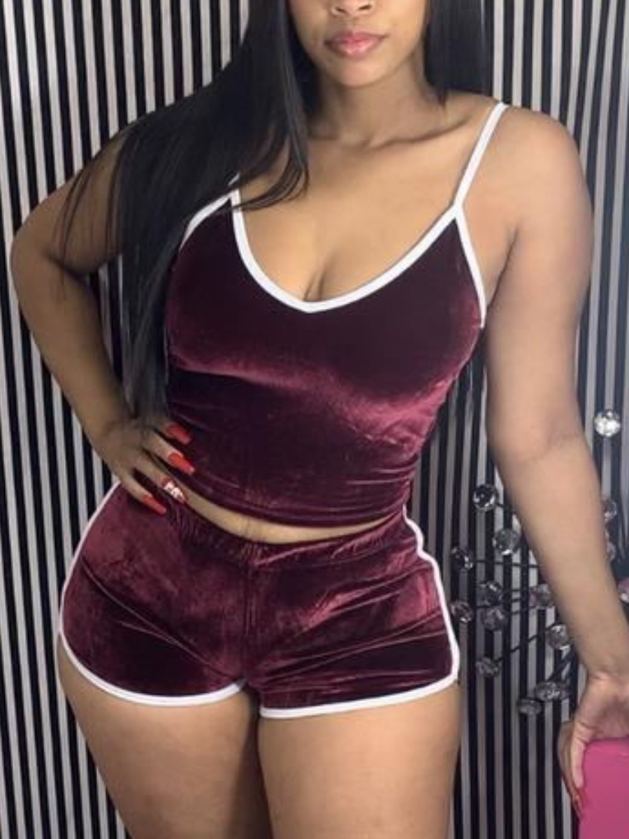 

Lovely Sweet U Neck Striped Wine Red Sleepwear