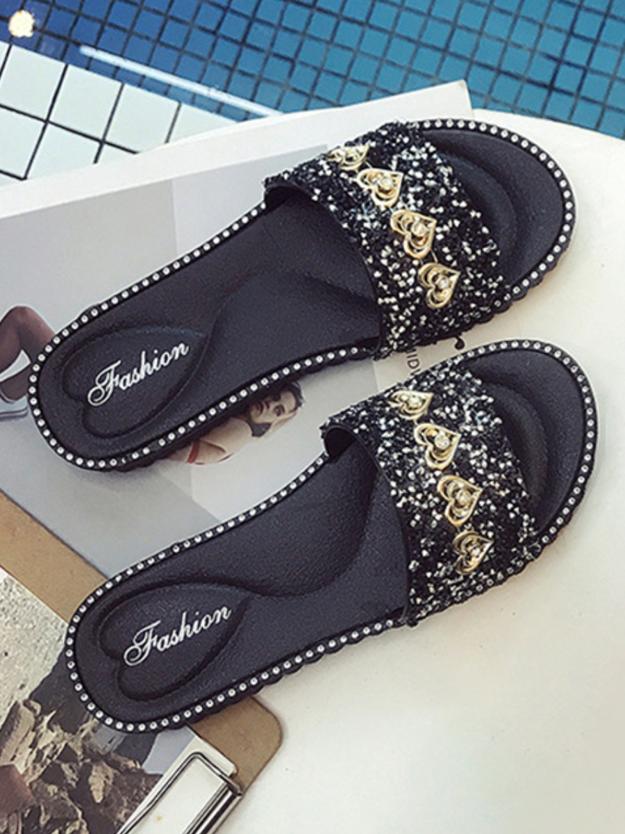 

Lovely Casual Pearl Decoration Black Slippers