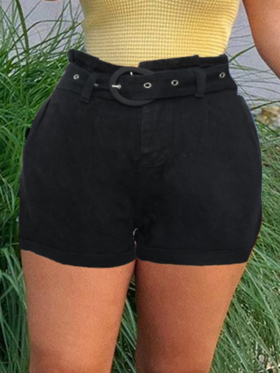 

Lovely Street High-waisted Belt Design Black Denim Shorts