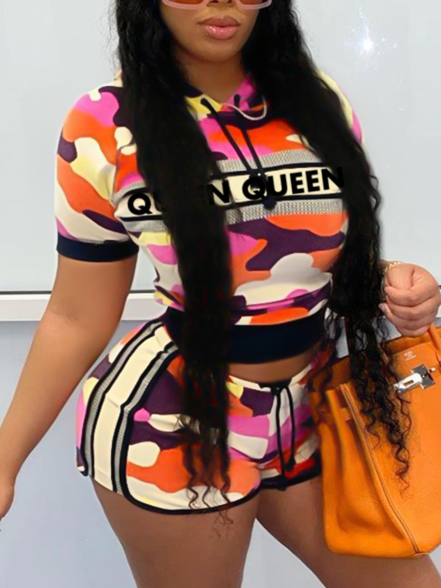 

LW Letter Camo Print Shorts Set, Orange