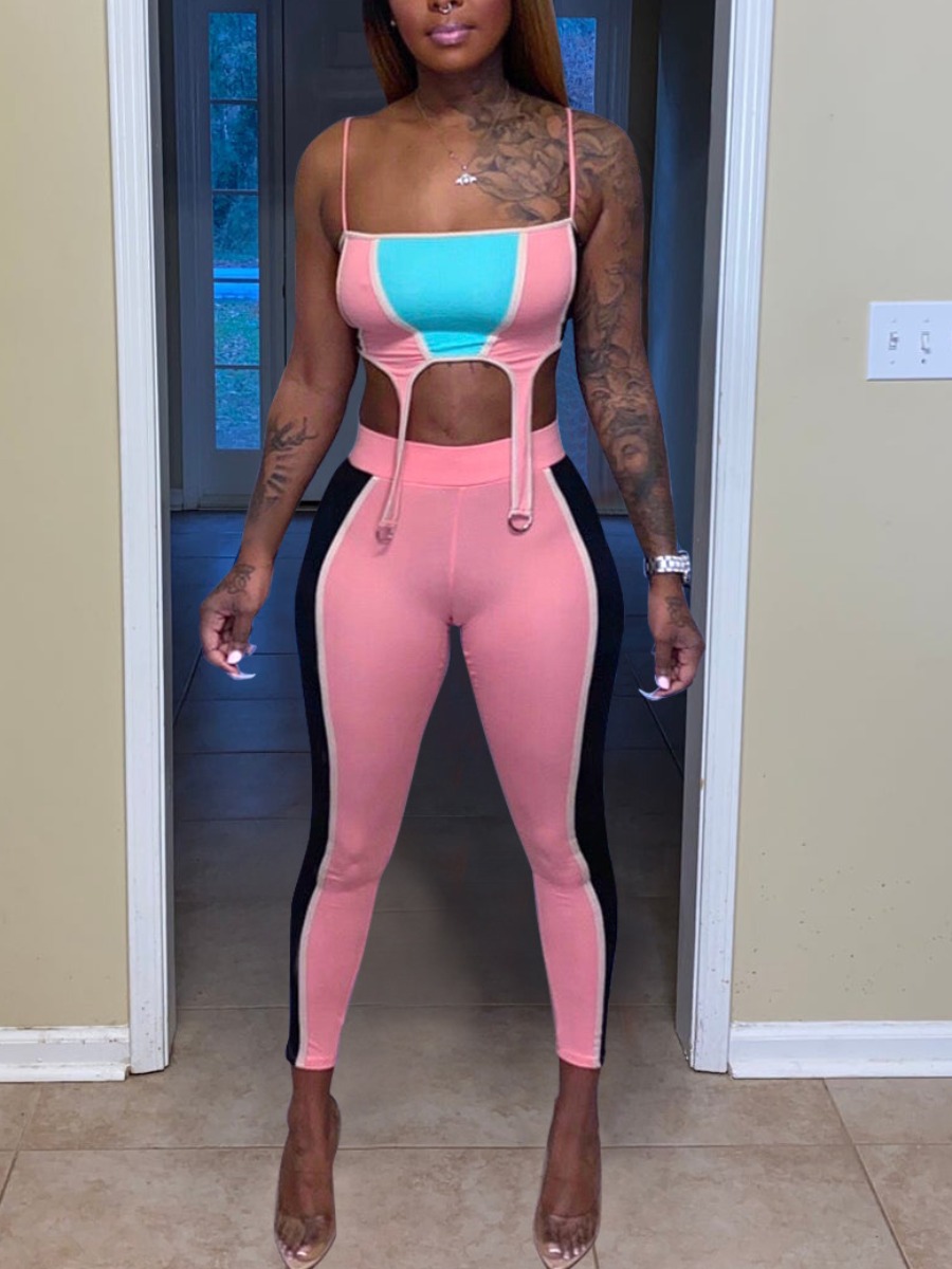 

Lovely Street Color-lump Asymmetrical Pink Two Piece Pants Set