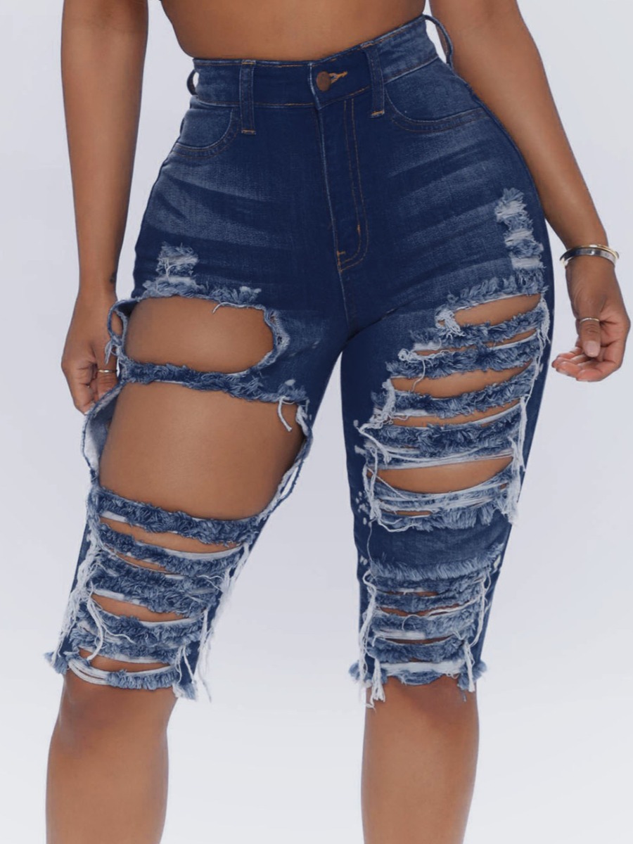 

Lovely Street High-waisted Ripped Dark Blue Denim Shorts