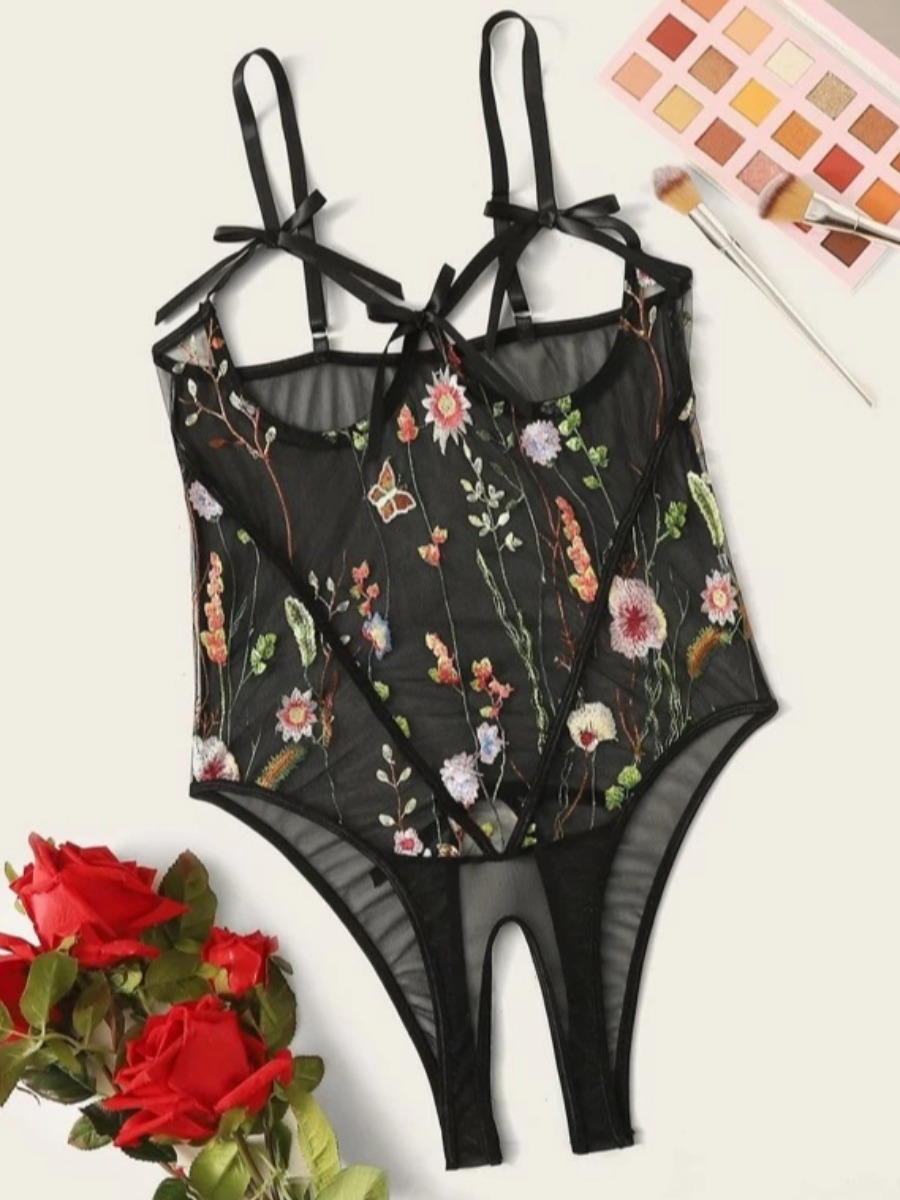 

Lovely Sexy See-through Floral Decoration Black Teddies