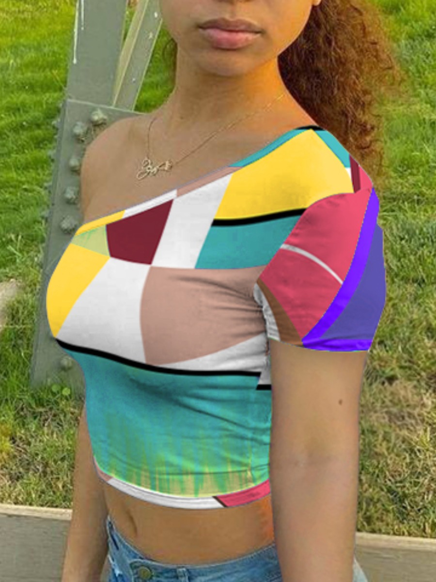 LW Casual One Shoulder Color-lump Multicolor T-shirt