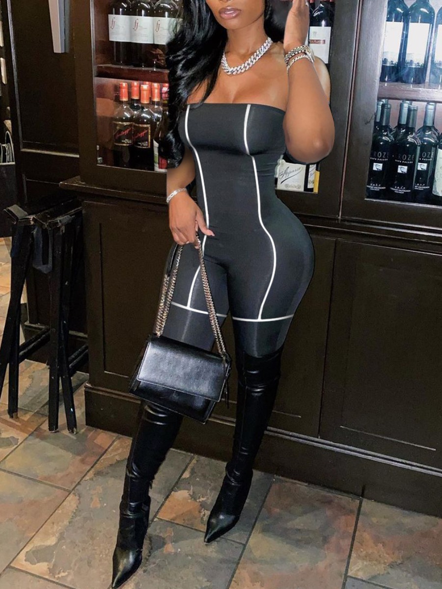 

LW Sweet Off The Shoulder Striped Black One-piece Jumpsuit