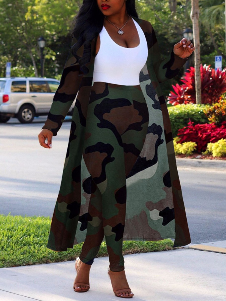 

Lovely Plus Size Street High-waisted Camo Print Two-piece Pants Set(Without Camisole), Army green camouflag
