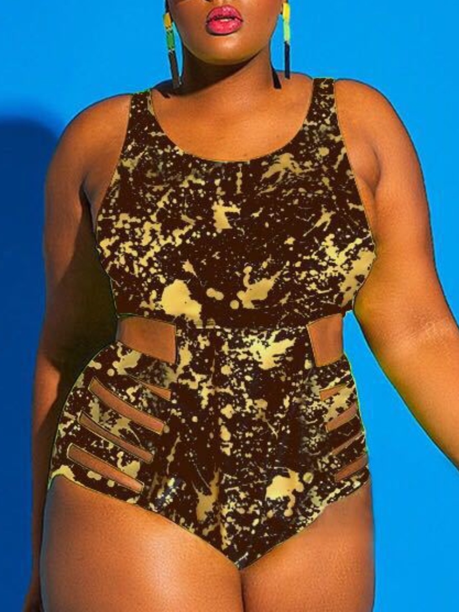 

Lovely Boho Bandage Hollow-out Design Dark Coffee Plus Size One-piece Swimsuit