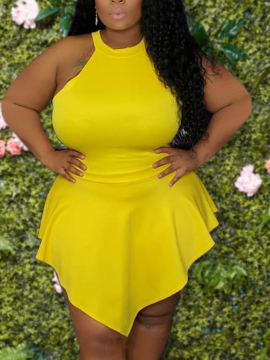 

Lovely Plus Size Street Flounce Design Split Yellow One-piece Romper