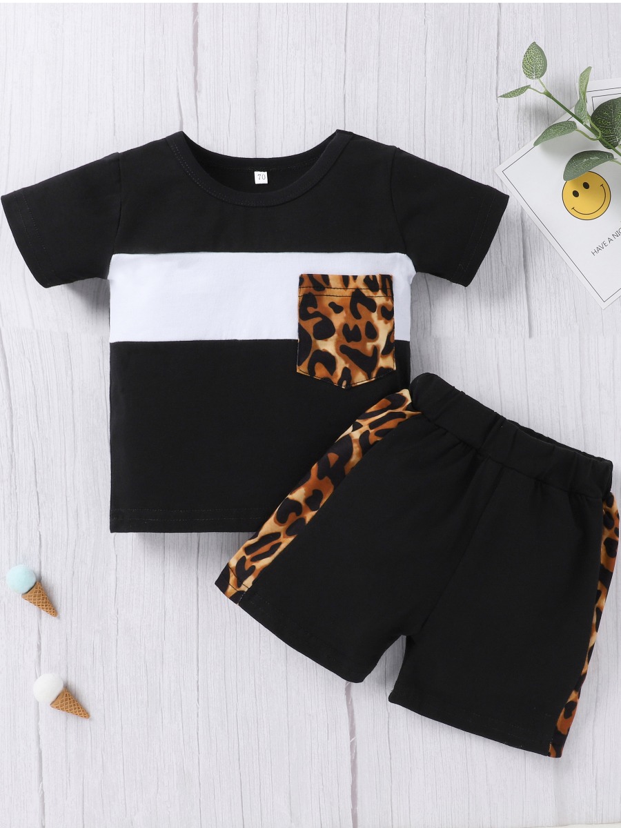 

Lovely Girl Sporty Leopard Print Patchwork Black Two Piece Shorts Set