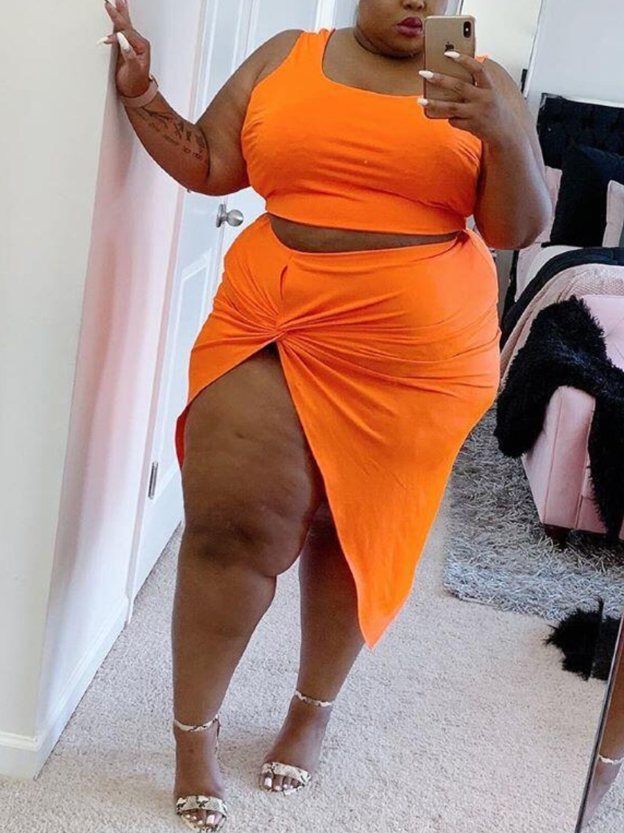 LW Plus Size Street Twisted Split Orange Two-piece Skirt Set