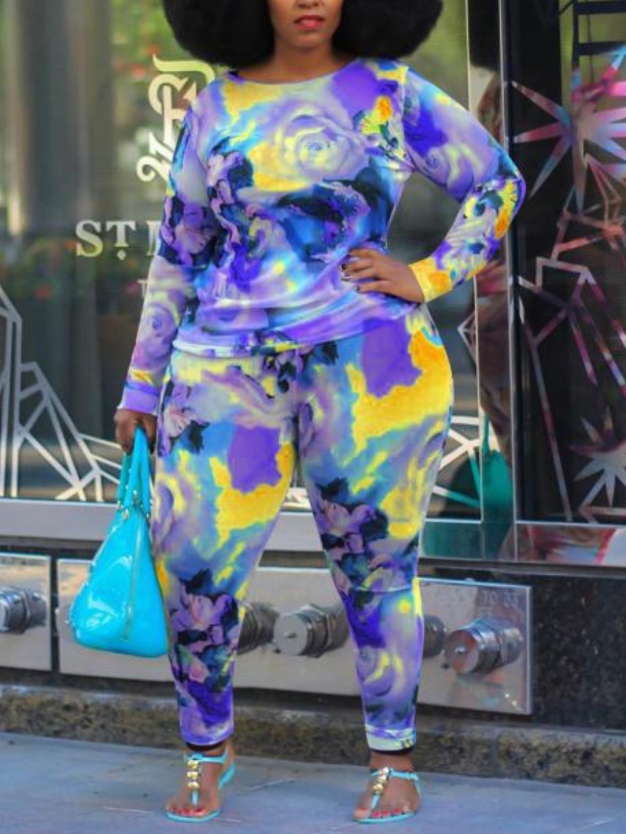 

Lovely Plus Size Casual Print Patchwork Blue Two-piece Pants Set