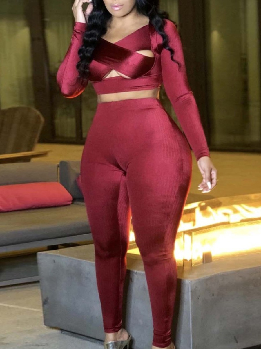 

Lovely Plus Size Sweet Bandage Hollow-out Design wine Red Two-piece Pants Set