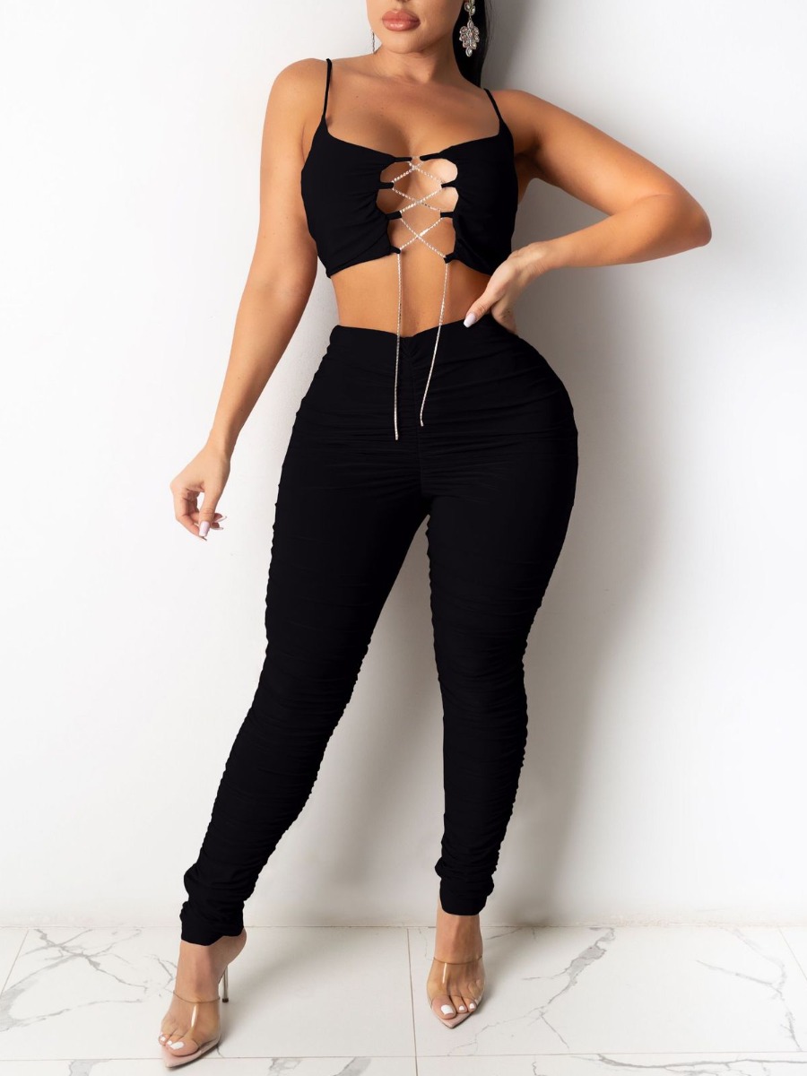 

Lovely Sexy Bandage Hollow-out Design Black Two Piece Pants Set