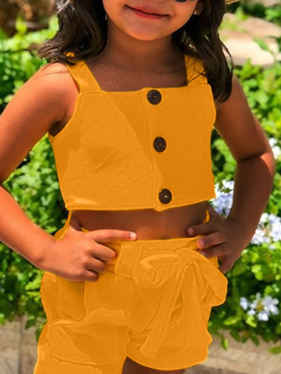 

Lovely Girl Casual Button Bandage Design Yellow Two Piece Shorts Set