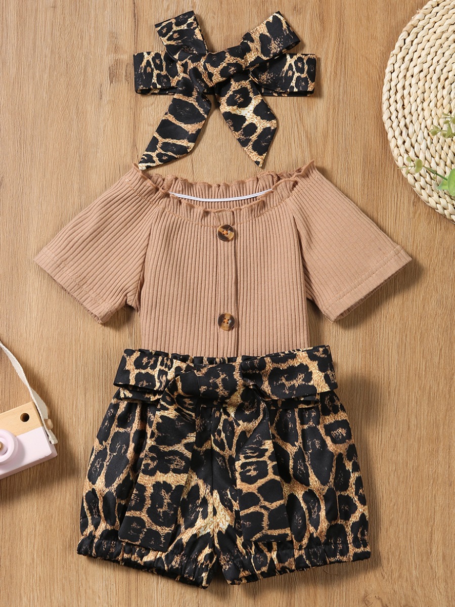 

Lovely Girl Sweet Leopard Print Button Design Brown Three Piece Shorts Set