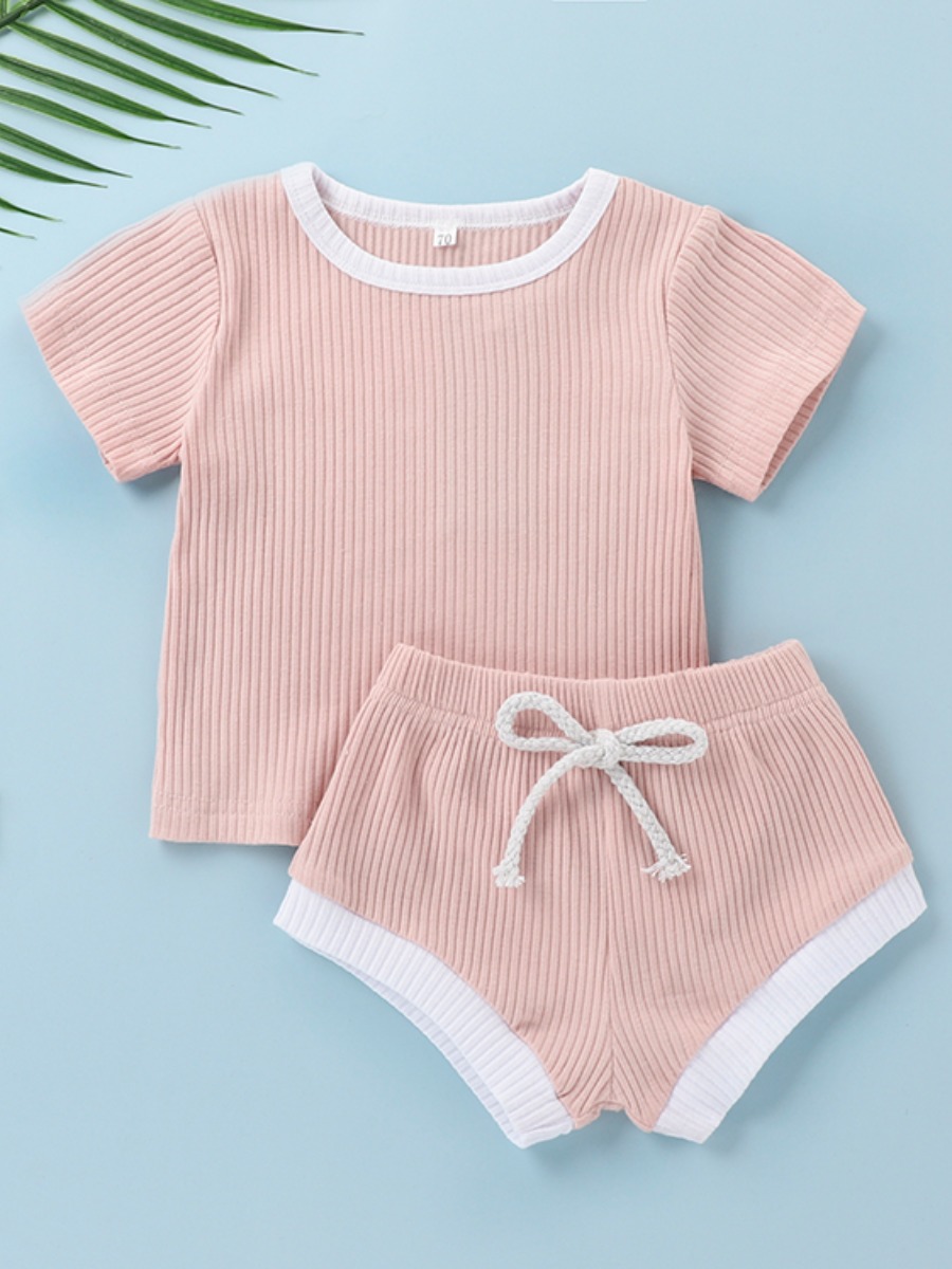 

Lovely Girl Casual Rib-Knit Drawstring Light Pink Two Piece Shorts Set