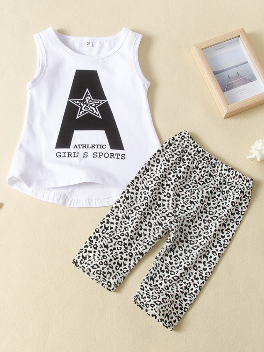 

Lovely Girl Sporty Leopard Letter Print White Two Piece Pants Set