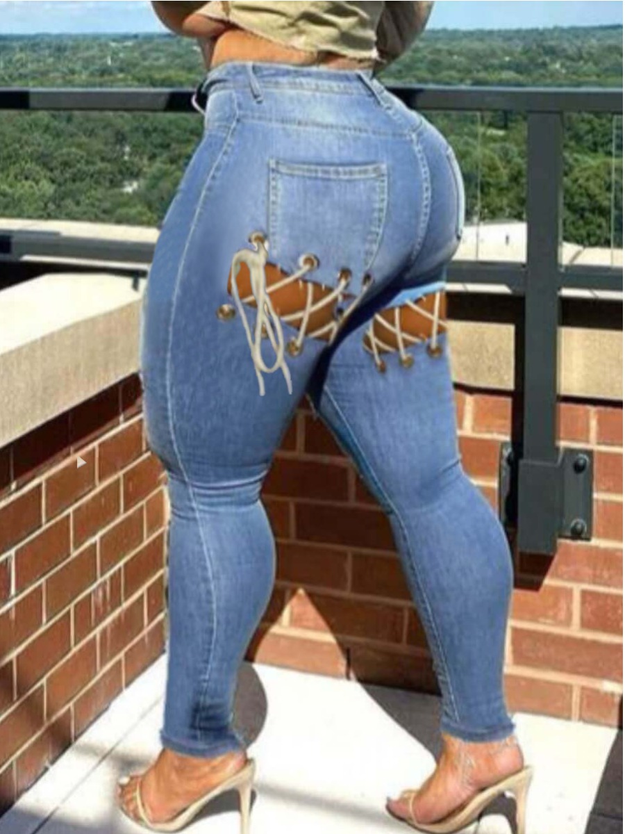 

Lovely Street Bandage Hollow-out Design Blue Jeans