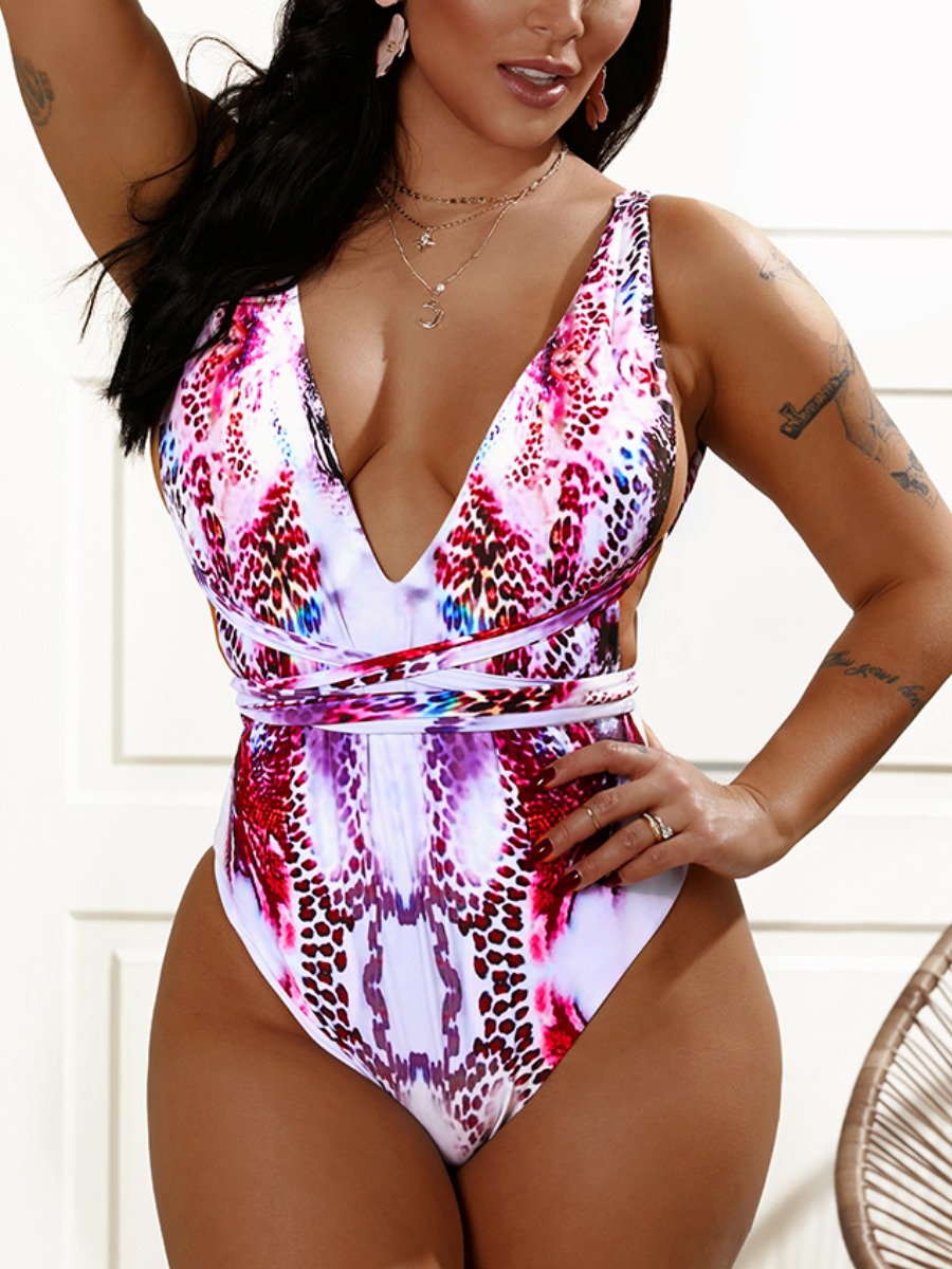 

Lovely Boho Backless Animal Print Bandage Design Multicolor One-piece Swimsuit, Multi