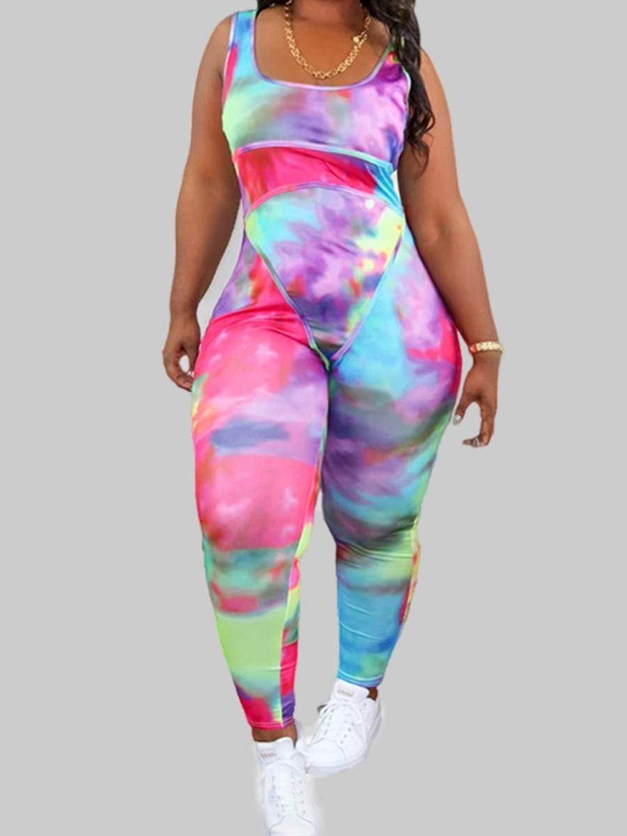 

Lovely Plus Size Casual U Neck Tie-dye Purple One-piece Jumpsuit