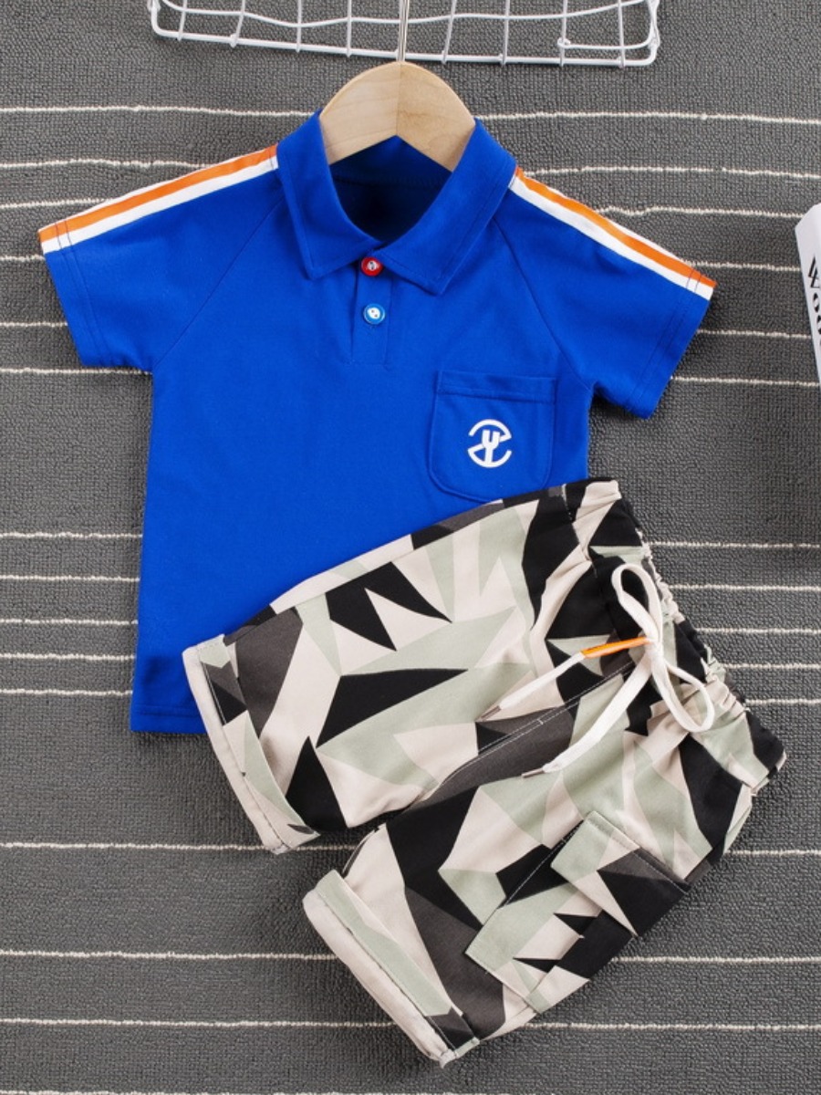 

Lovely Boy Casual Striped Camo Print Blue Two Piece Shorts Set