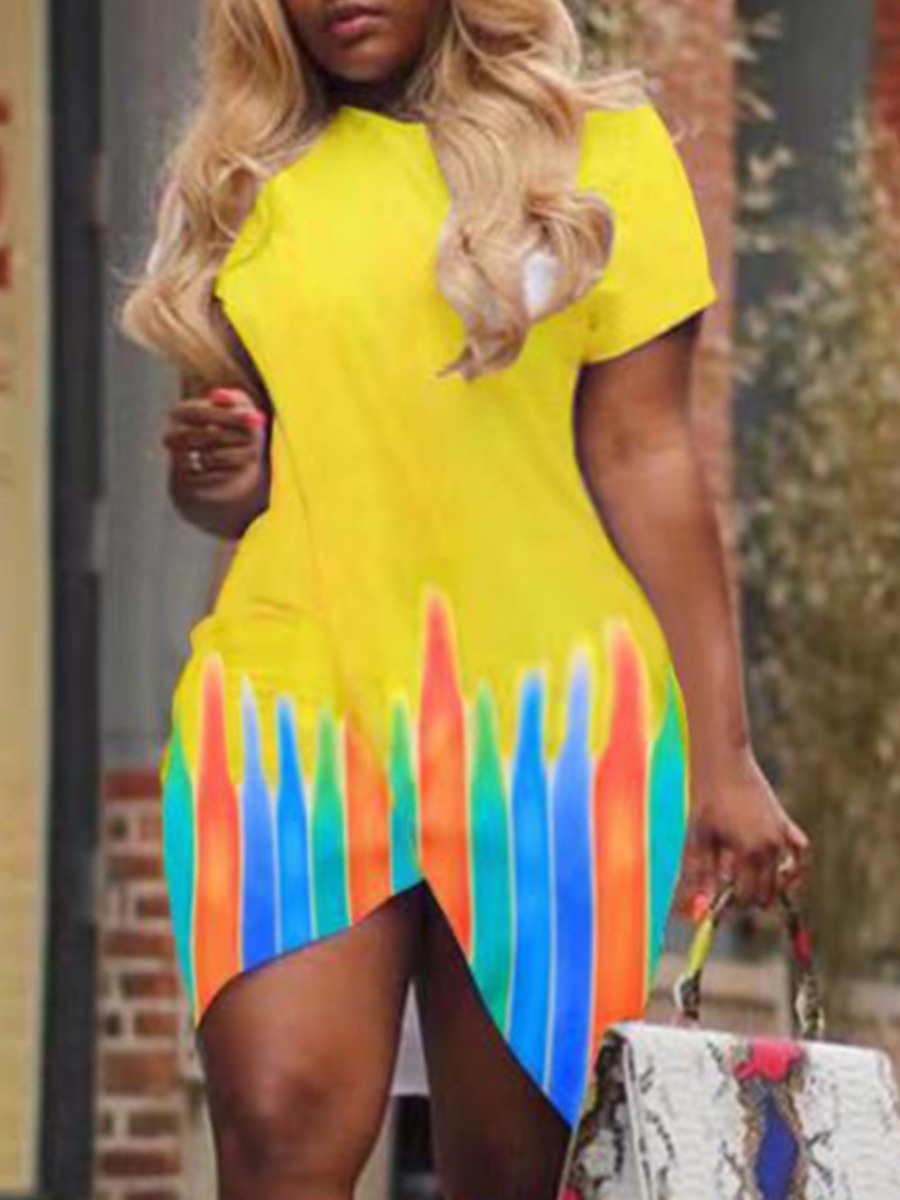 

Lovely Plus Size Casual Color-lump Asymmetrical Yellow Mini Dress