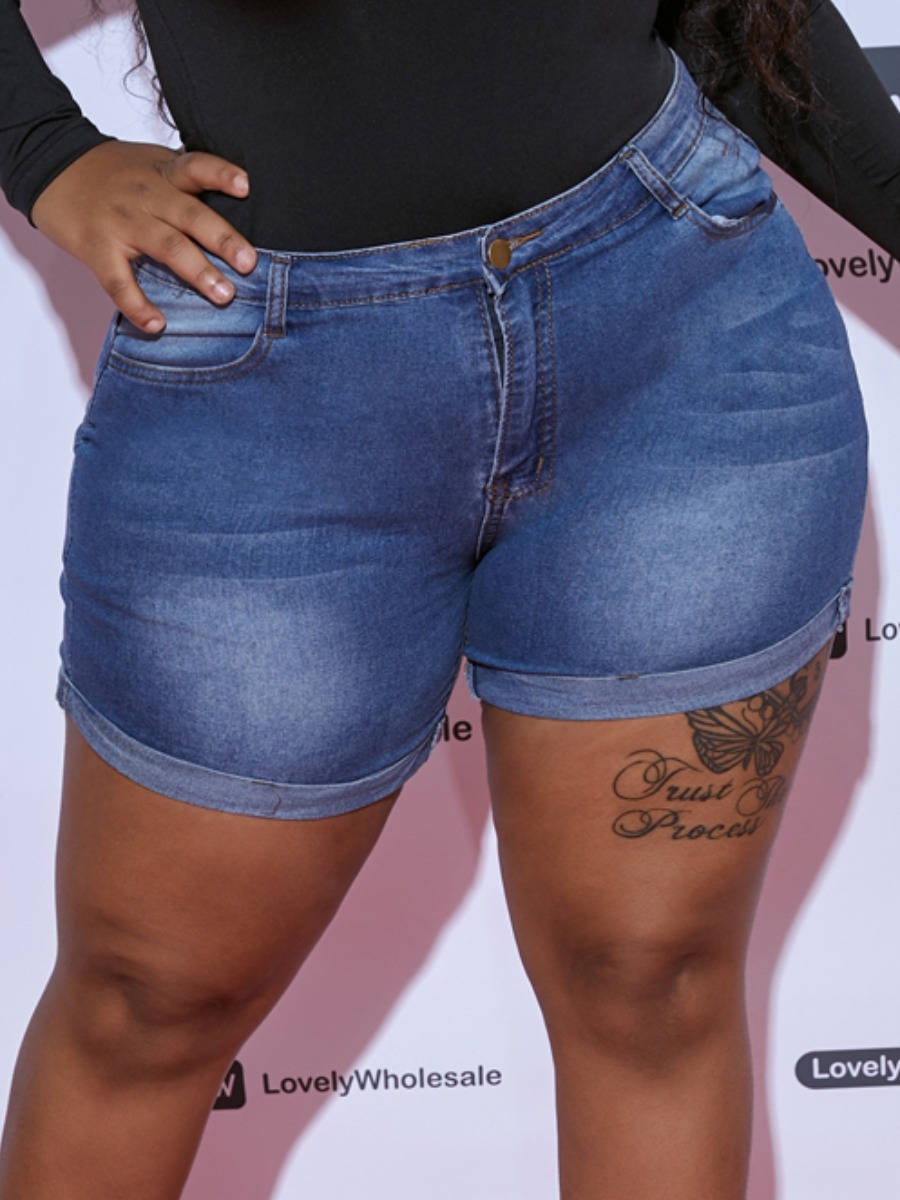 

Lovely Plus Size Street Mid Waist Elastic Blue Denim Shorts