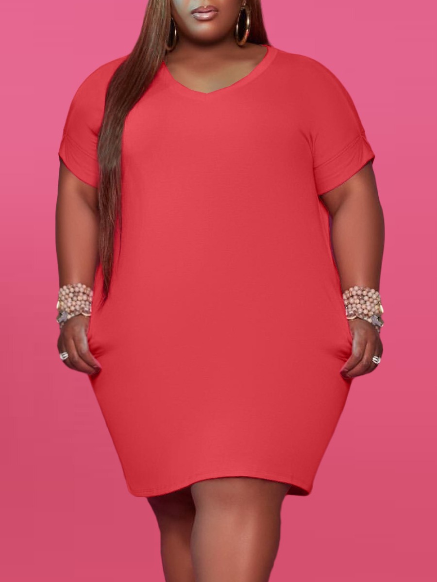 

Lovely Casual V Neck Pocket Design Red Knee Length Plus Size Dress