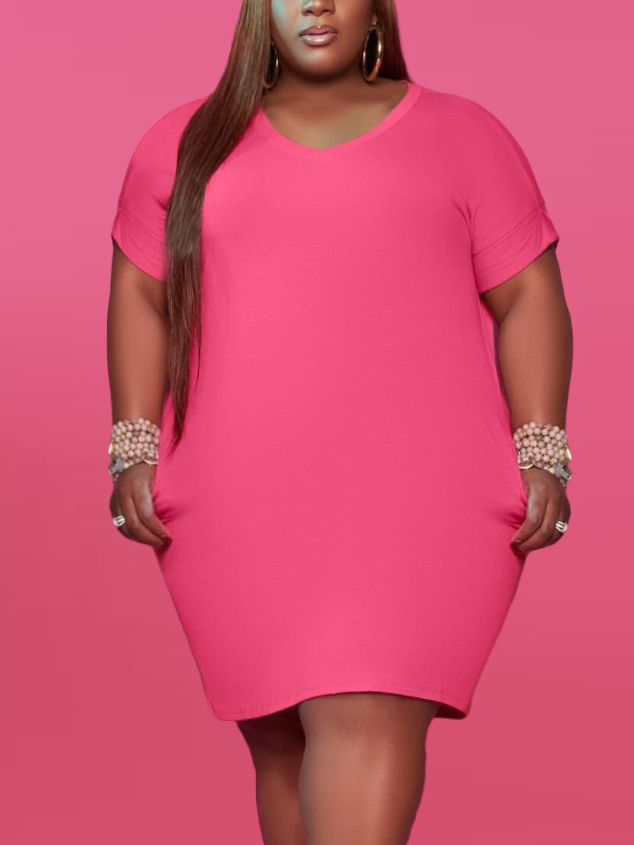 

Lovely Casual V Neck Pocket Design Pink Knee Length Plus Size Dress