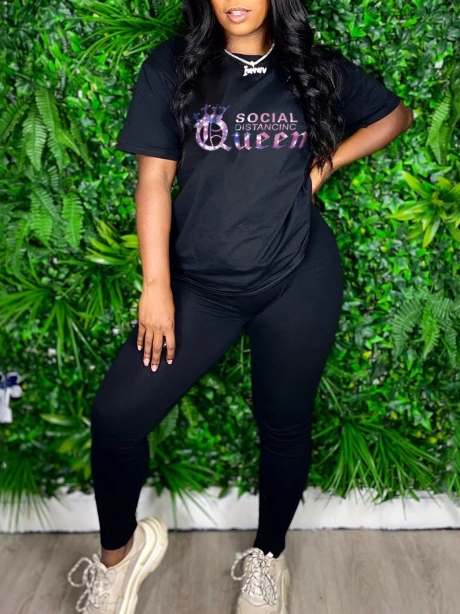 

Lovely Casual O Neck Letter Print Black Two Piece Pants Set