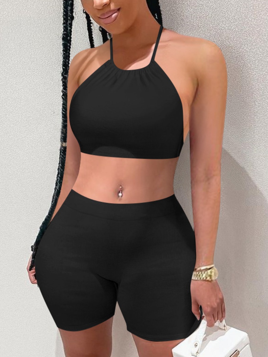 

Lovely Sporty Backless Basic Skinny Black Two Piece Shorts Set