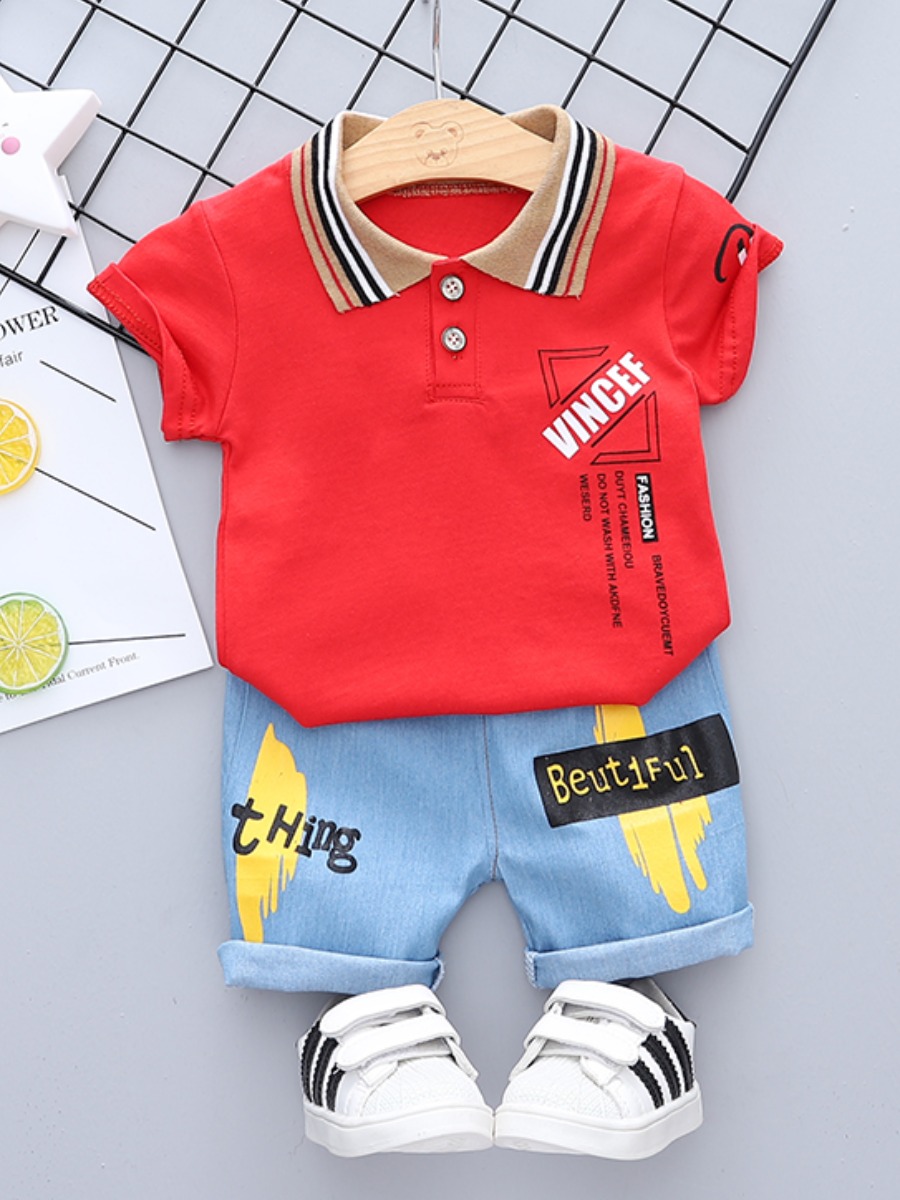 

Lovely Boy Street Letter Print Striped Red Two Piece Shorts Set