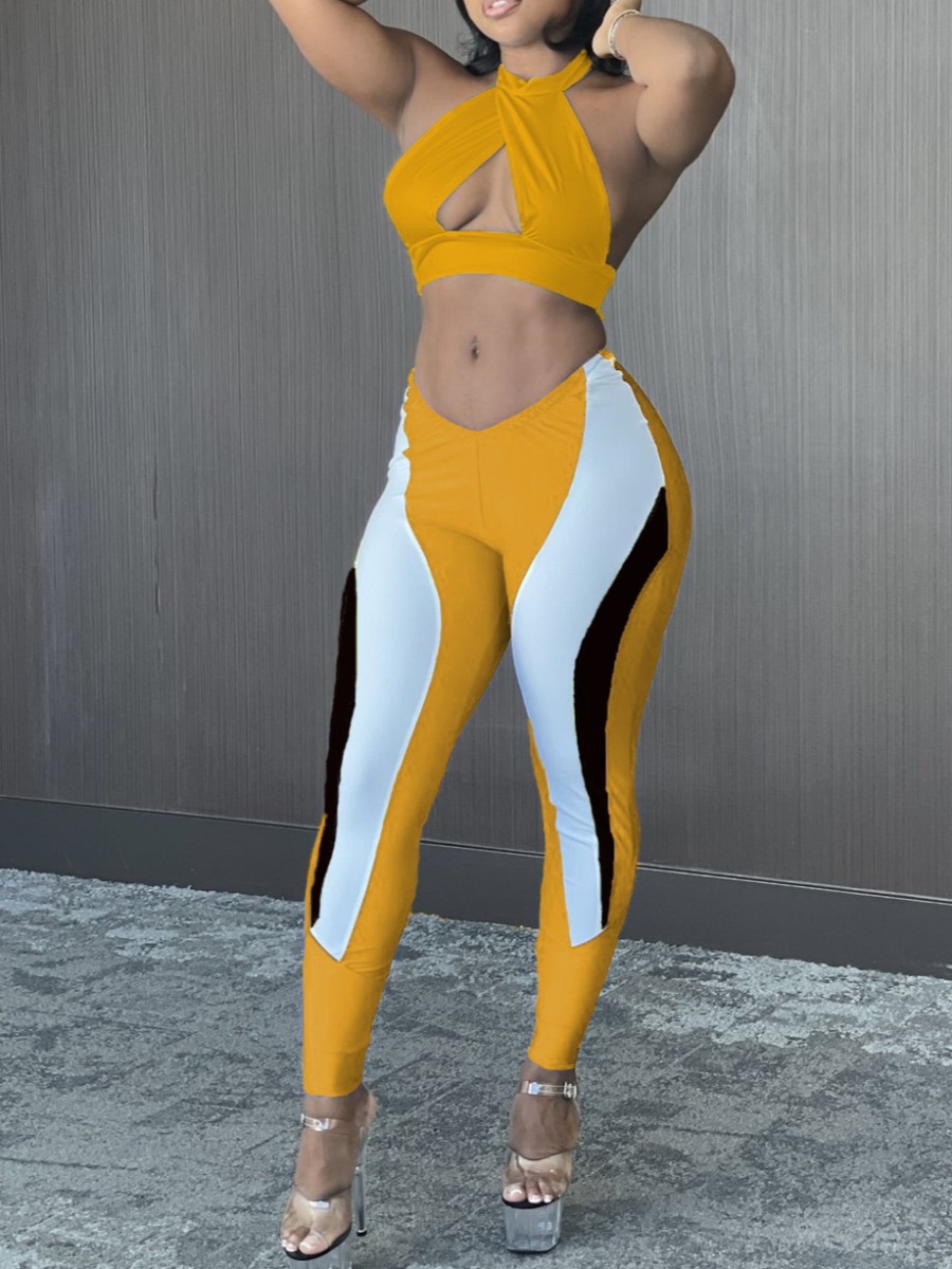 

Lovely Sexy Criss Cross Hollow-out Patchwork Yellow Two Piece Pants Set