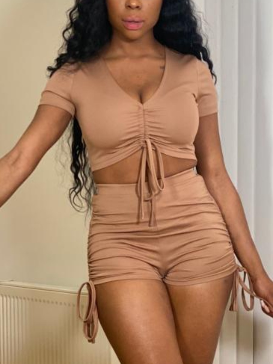 

Lovely Casual Ruched Drawstring Khaki Two Piece Shorts Set