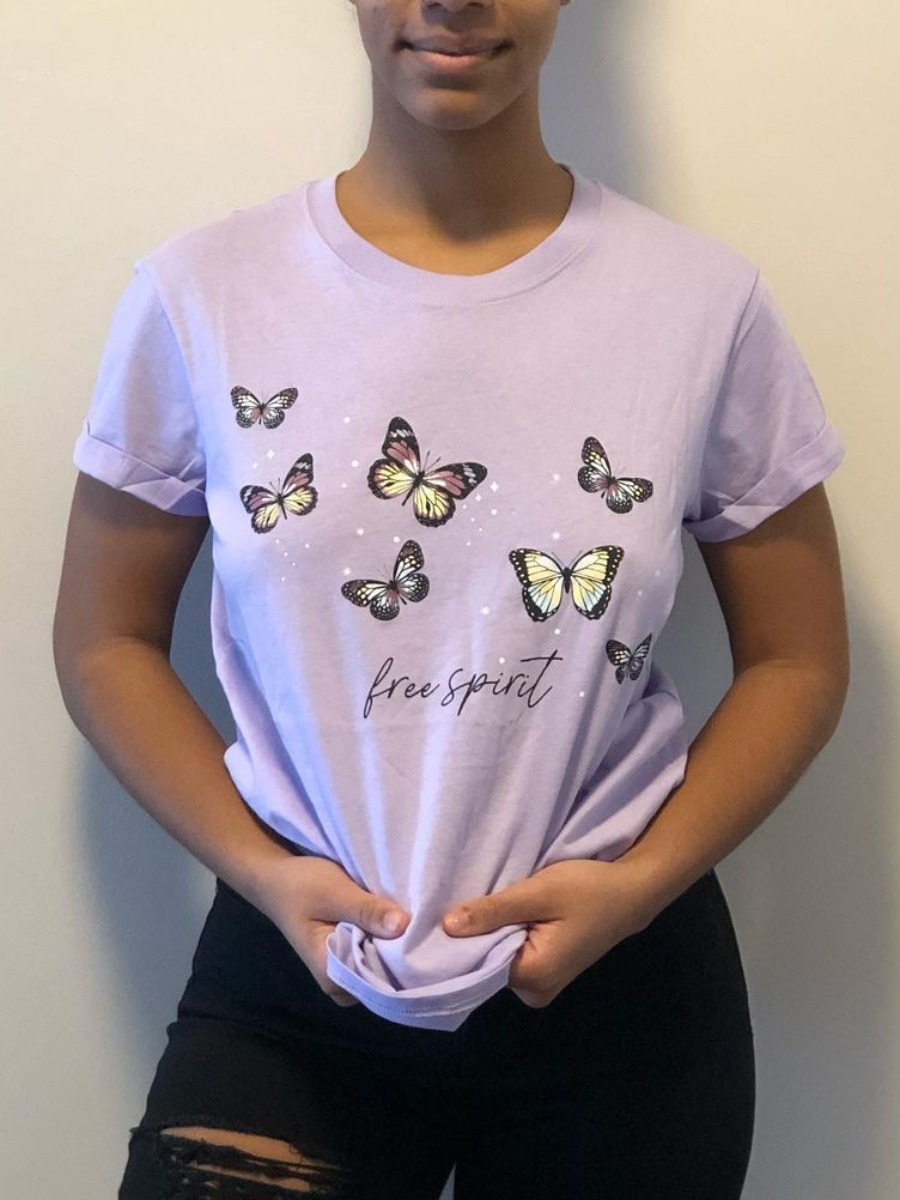 

Lovely Casual Butterfly Letter Print Light Purple T-shirt