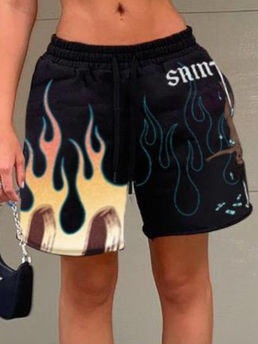 

Lovely Street Flame Print Drawstring Black Shorts