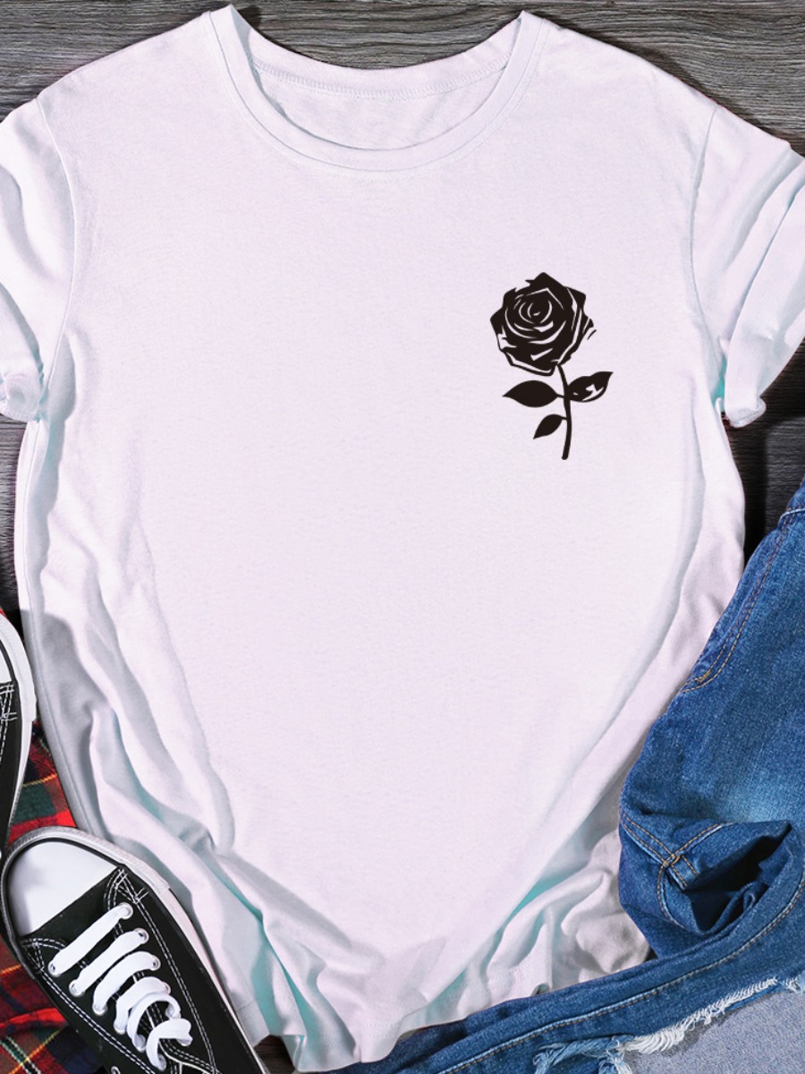 

Lovely Casual O Neck Floral Print White T-shirt