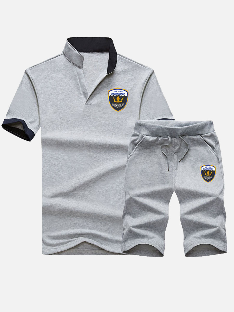 

LW Men Casual Mandarin Collar Drawstring Grey Two Piece Shorts Set
