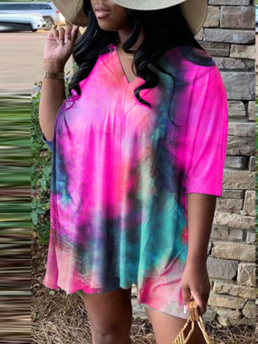 

Lovely Street V Neck Ti-dye Rose Red Plus Size Two-piece Shorts Set