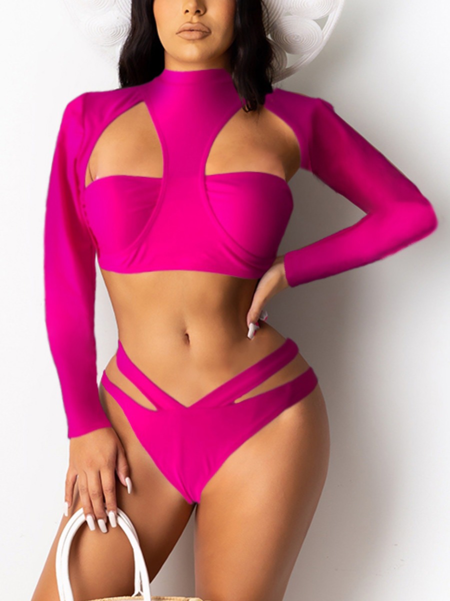 

Lovely Boho Half A Turtleneck Hollow-out Rose Red Tankini