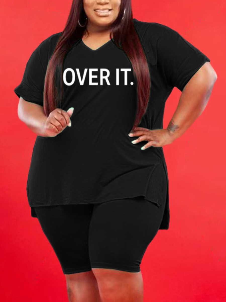 

Lovely Casual Letter Print Split Black Plus Size Two-piece Shorts Set