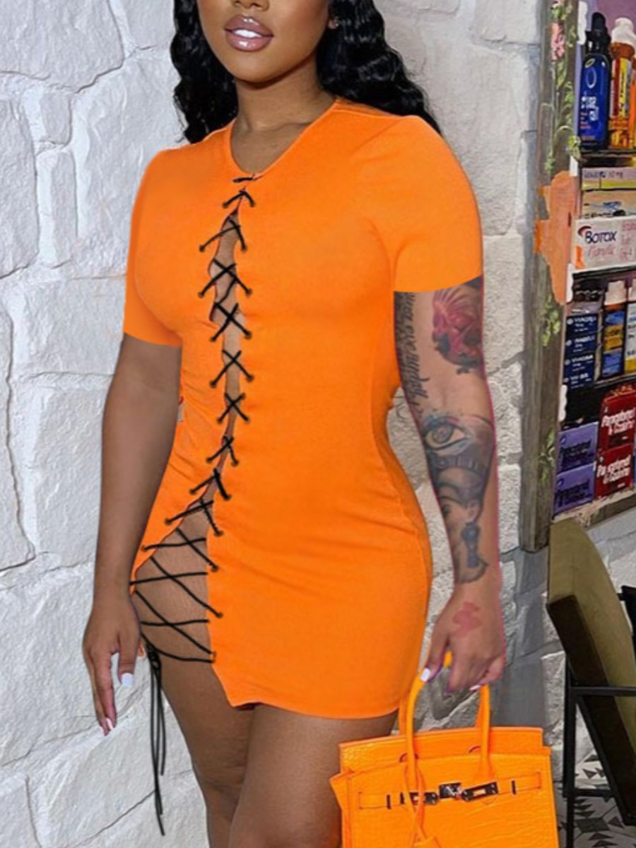 

LW BASICS Casual Bandage Hollow-out Design Orange Mini Dress