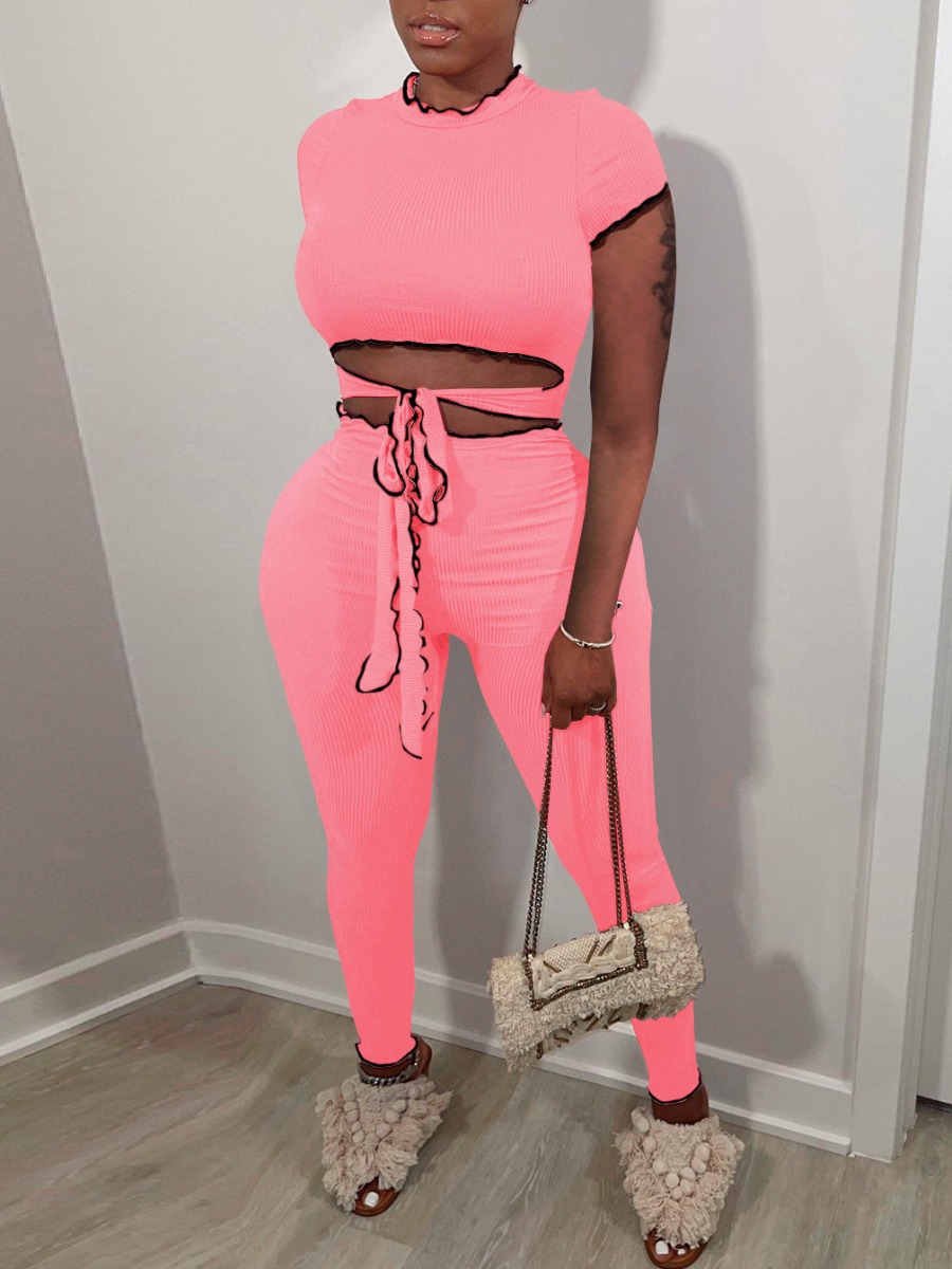 

Lovely Casual O Neck Bandage Design Pink Two Piece Pants Set