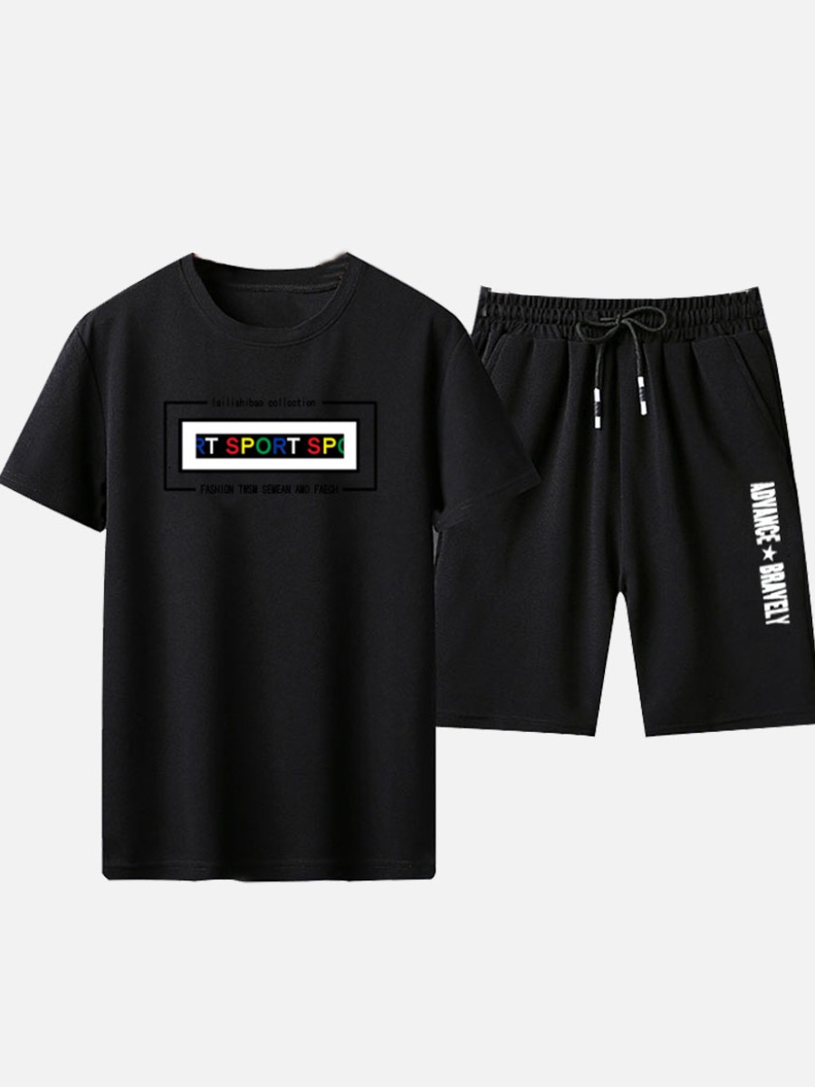 

Lovely Men Sporty Letter Print Drawstring Black Two Piece Shorts Set